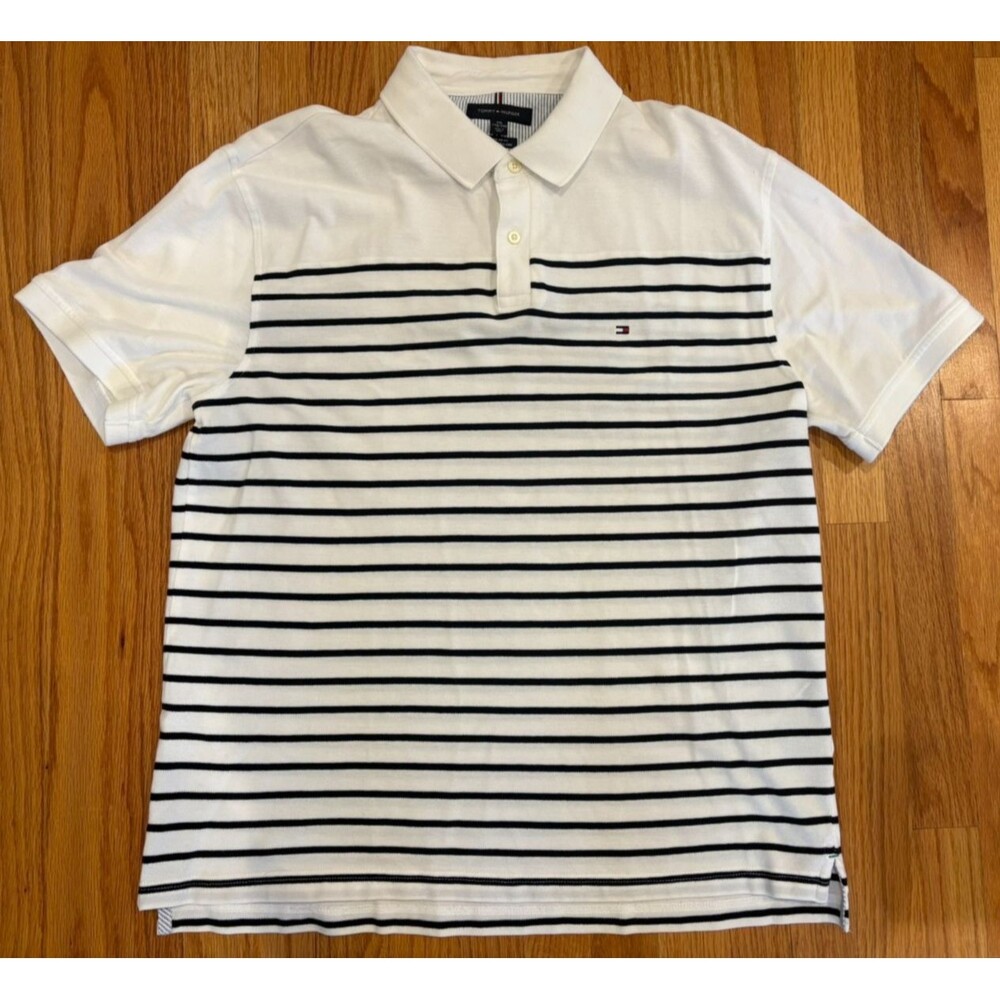 Tommy Hilfiger Shirt Men's 2XL Blue Striped Golf Polo Rugby Short Sleeve Logo